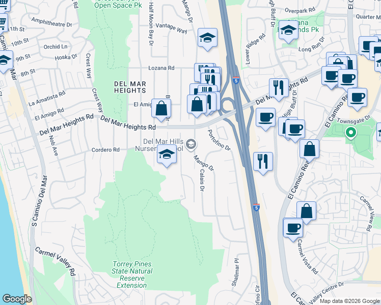 map of restaurants, bars, coffee shops, grocery stores, and more near 13692 Mango Drive in Del Mar