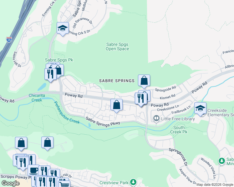 map of restaurants, bars, coffee shops, grocery stores, and more near 12642 Springbrook Drive in San Diego