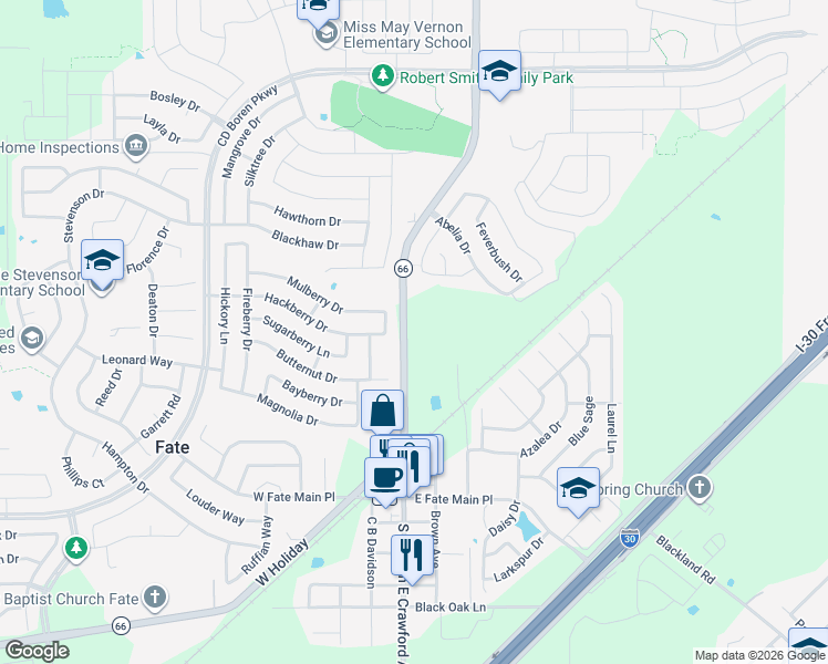 map of restaurants, bars, coffee shops, grocery stores, and more near 700 North William E Crawford Avenue in Rockwall