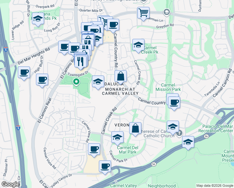 map of restaurants, bars, coffee shops, grocery stores, and more near 12366 Carmel Country Road in San Diego