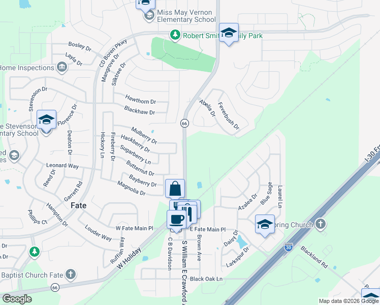 map of restaurants, bars, coffee shops, grocery stores, and more near 700 North William E Crawford Avenue in Rockwall
