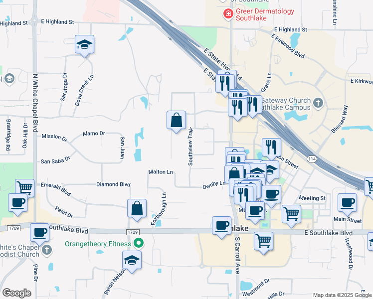 map of restaurants, bars, coffee shops, grocery stores, and more near 625 Bentwood Lane in Southlake