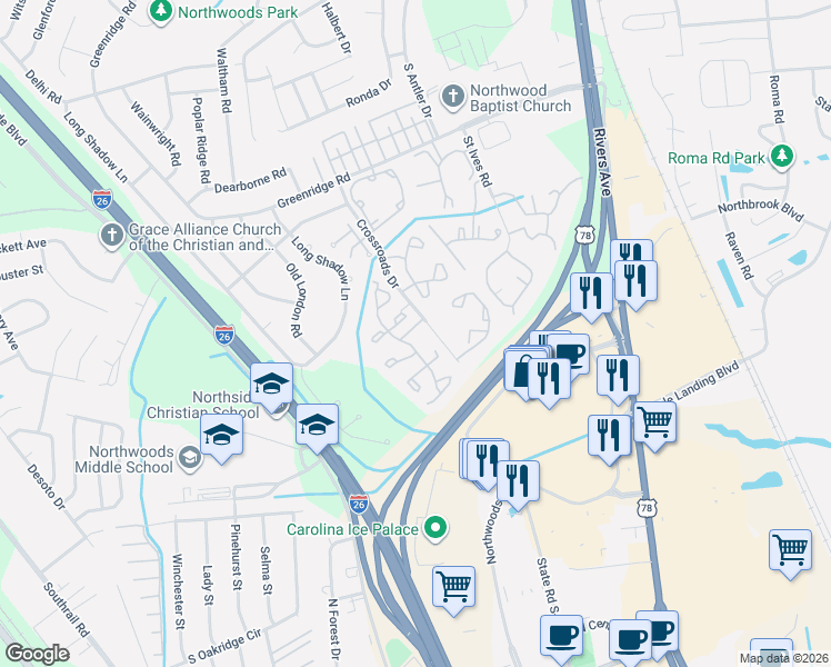 map of restaurants, bars, coffee shops, grocery stores, and more near 8032 Shadow Oak Drive in North Charleston
