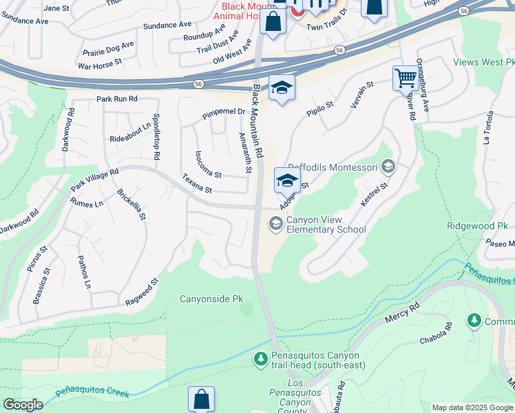 map of restaurants, bars, coffee shops, grocery stores, and more near Black Mountain Road & Park Village Road in San Diego