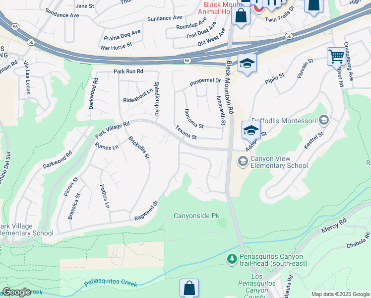 map of restaurants, bars, coffee shops, grocery stores, and more near 9012 Buckwheat Street in San Diego
