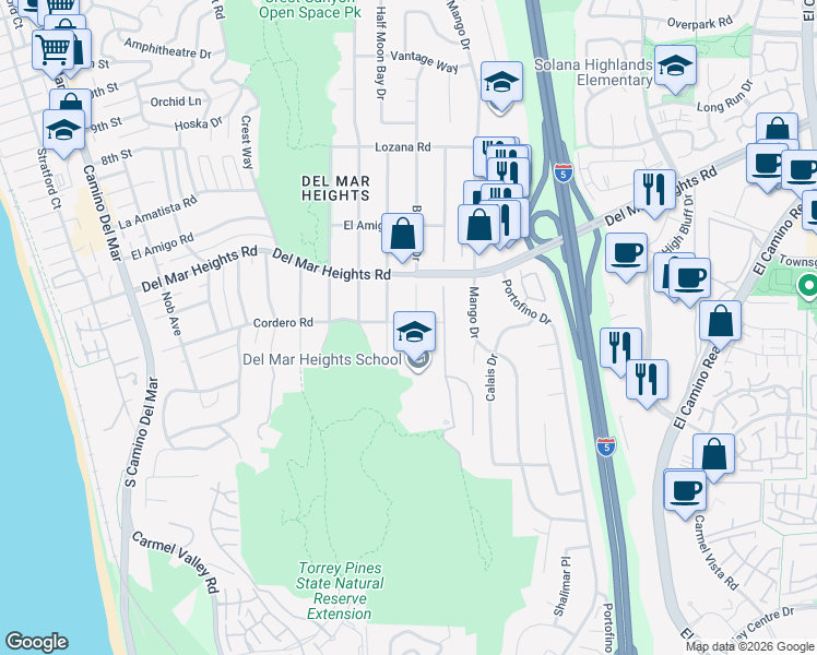 map of restaurants, bars, coffee shops, grocery stores, and more near 13711 Mercado Drive in Del Mar