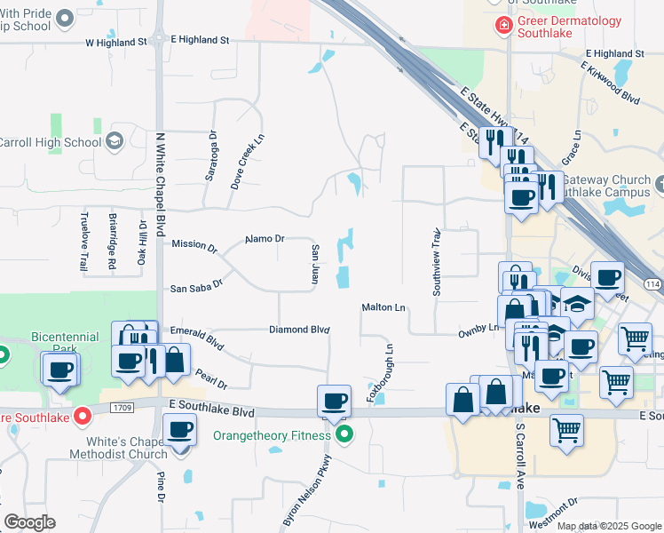 map of restaurants, bars, coffee shops, grocery stores, and more near 511 San Juan in Southlake