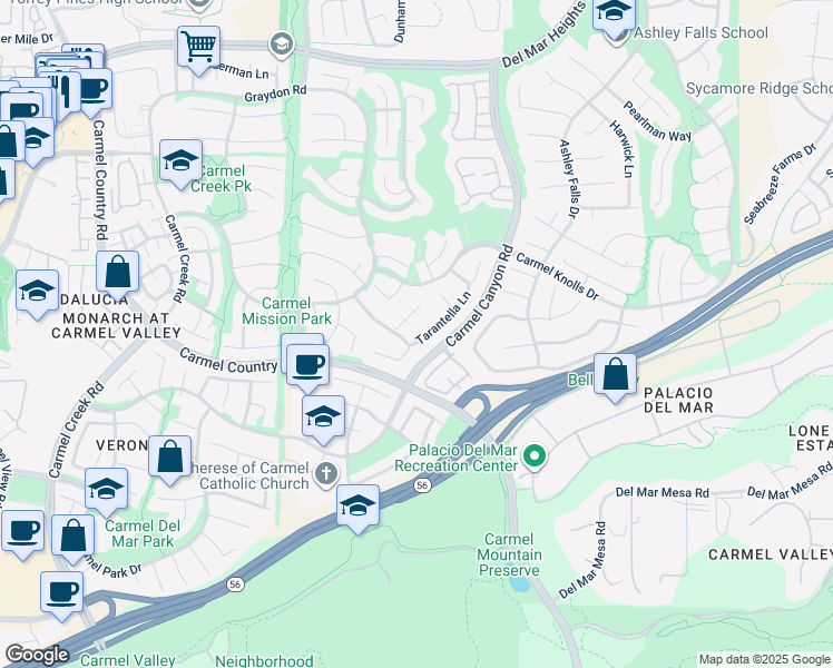 map of restaurants, bars, coffee shops, grocery stores, and more near 4626 Tarantella Lane in San Diego