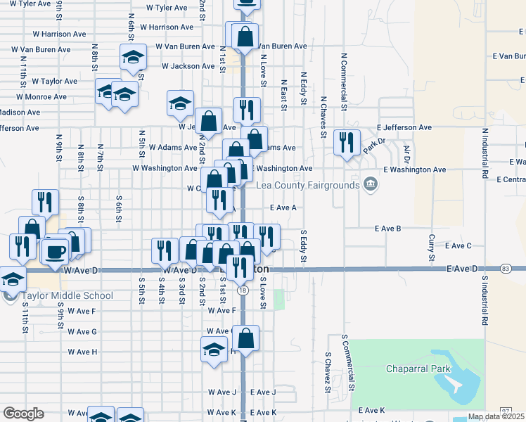 map of restaurants, bars, coffee shops, grocery stores, and more near 209 North Love Street in Lovington
