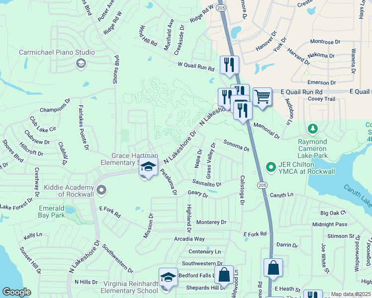 map of restaurants, bars, coffee shops, grocery stores, and more near 522 Presidio Drive in Rockwall