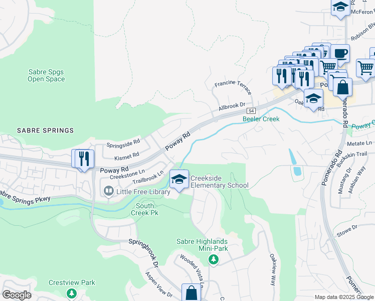 map of restaurants, bars, coffee shops, grocery stores, and more near 130291/2 Poway Road in Poway