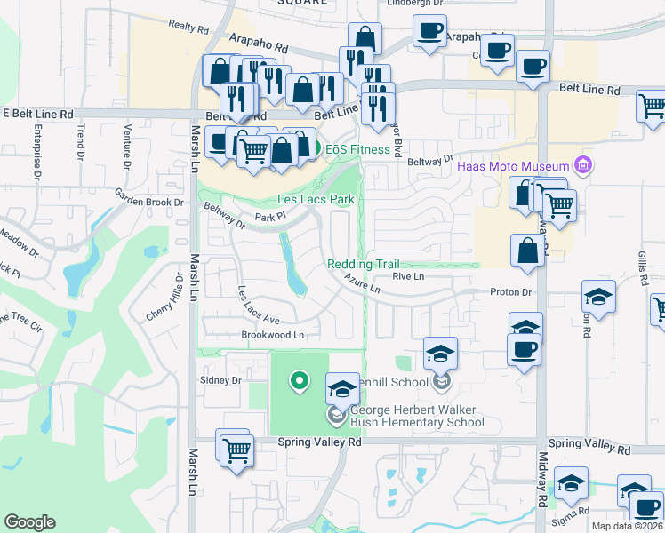 map of restaurants, bars, coffee shops, grocery stores, and more near 3840 Azure Lane in Addison