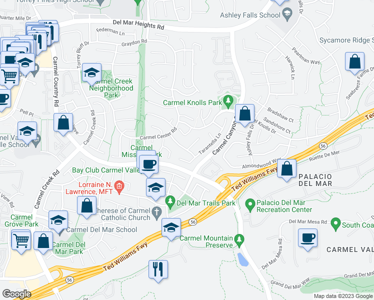 map of restaurants, bars, coffee shops, grocery stores, and more near Intermezzo Way & Serenata Place in San Diego