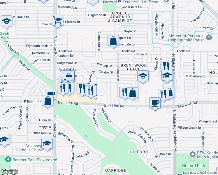 map of restaurants, bars, coffee shops, grocery stores, and more near 3305 Flameleaf Street in Garland
