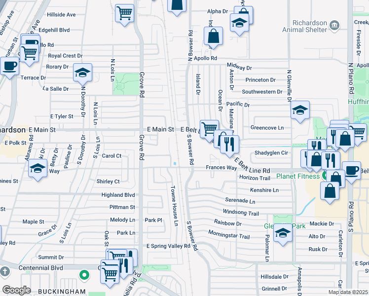 map of restaurants, bars, coffee shops, grocery stores, and more near 104 South Bowser Road in Richardson