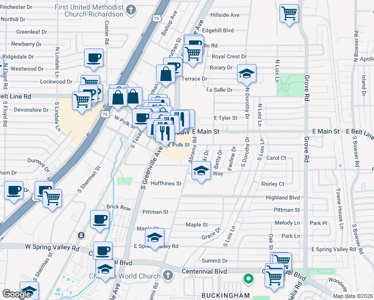 map of restaurants, bars, coffee shops, grocery stores, and more near 329 East Polk Street in Richardson