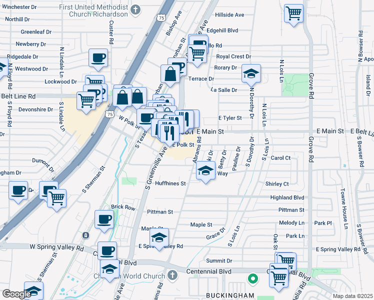 map of restaurants, bars, coffee shops, grocery stores, and more near 329 East Polk Street in Richardson