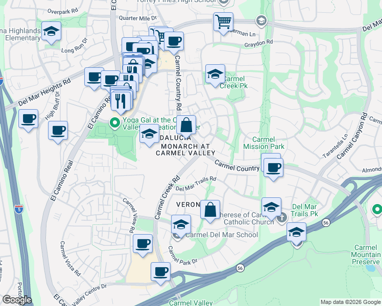 map of restaurants, bars, coffee shops, grocery stores, and more near 12372 Carmel Country Road in San Diego