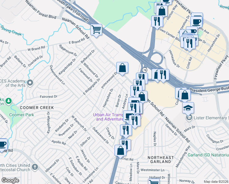 map of restaurants, bars, coffee shops, grocery stores, and more near 2917 Hampshire Drive in Garland