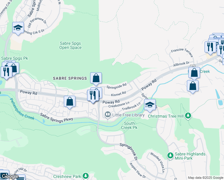 map of restaurants, bars, coffee shops, grocery stores, and more near 11663 Springside Road in San Diego