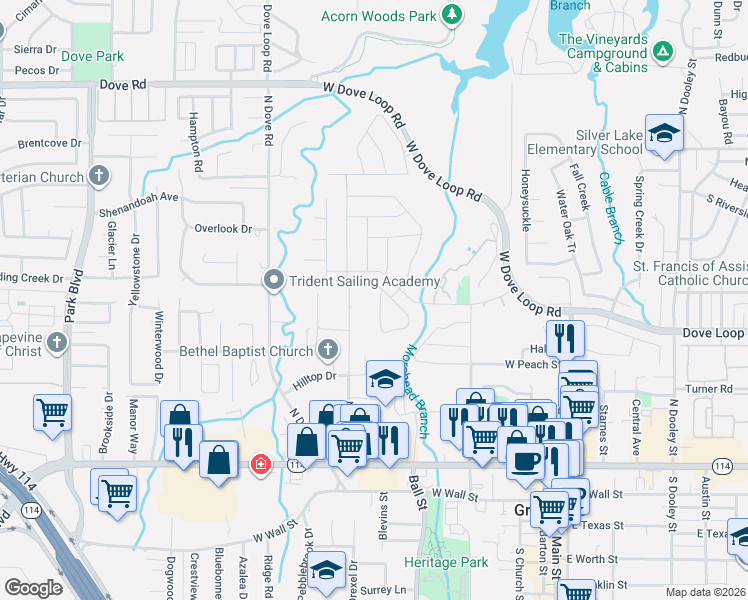 map of restaurants, bars, coffee shops, grocery stores, and more near 1005 Shady Brook Drive in Grapevine