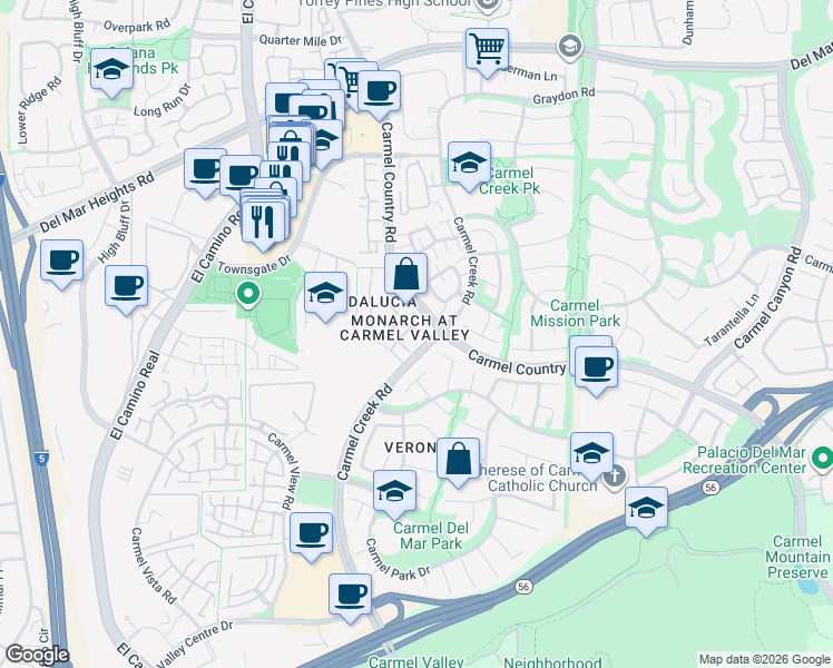 map of restaurants, bars, coffee shops, grocery stores, and more near 12372 Carmel Country Road in San Diego