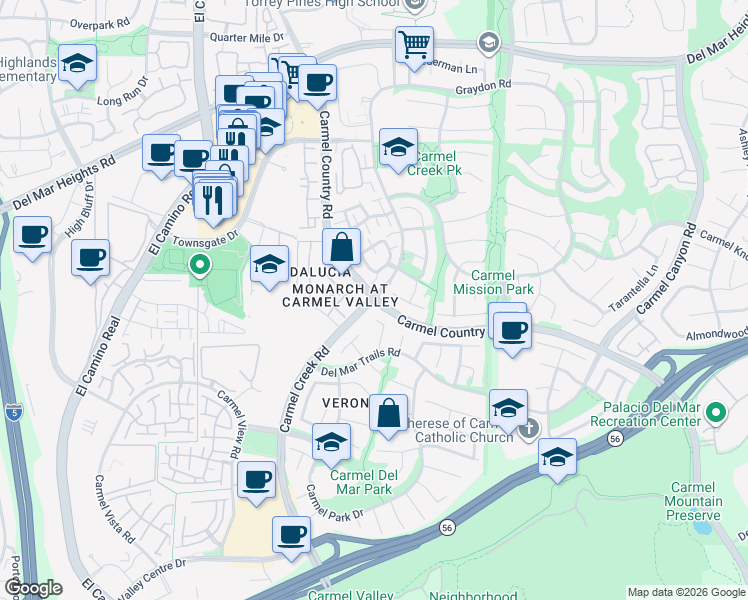 map of restaurants, bars, coffee shops, grocery stores, and more near Carmel Country Rd & Carmel Creek Rd in San Diego