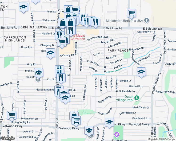 map of restaurants, bars, coffee shops, grocery stores, and more near 2106 Bowie Drive in Carrollton