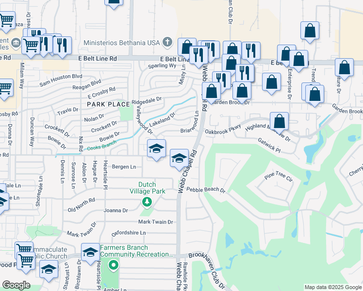 map of restaurants, bars, coffee shops, grocery stores, and more near 1500 Webb Chapel Road in Carrollton