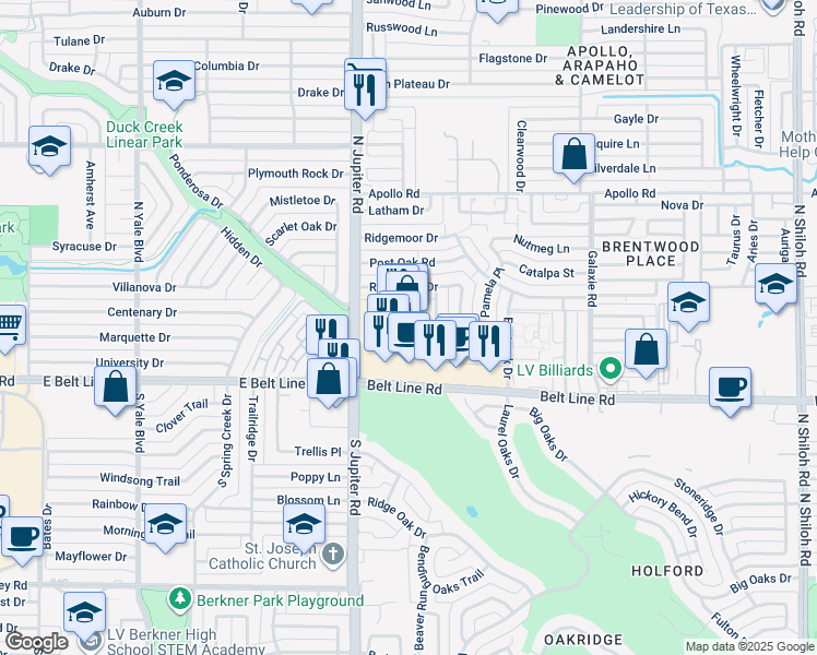 map of restaurants, bars, coffee shops, grocery stores, and more near 3112 North Jupiter Road in Garland