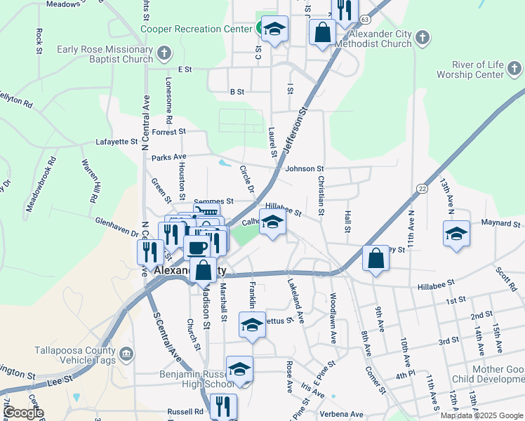 map of restaurants, bars, coffee shops, grocery stores, and more near 416 Hillabee Street in Alexander City