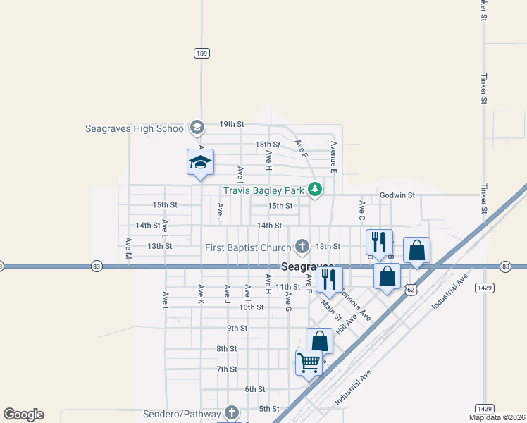 map of restaurants, bars, coffee shops, grocery stores, and more near 620 15th Street in Seagraves