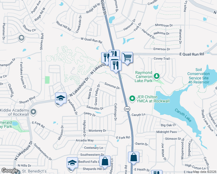 map of restaurants, bars, coffee shops, grocery stores, and more near 448 Sonoma Drive in Rockwall