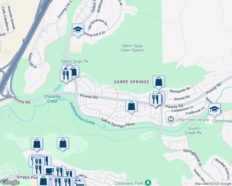 map of restaurants, bars, coffee shops, grocery stores, and more near 12640 Creekview Drive in San Diego
