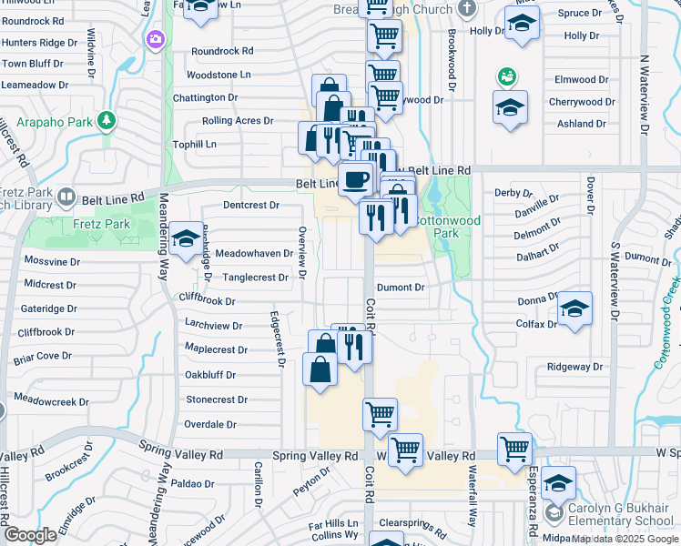 map of restaurants, bars, coffee shops, grocery stores, and more near 14616 Del Prado Drive in Dallas