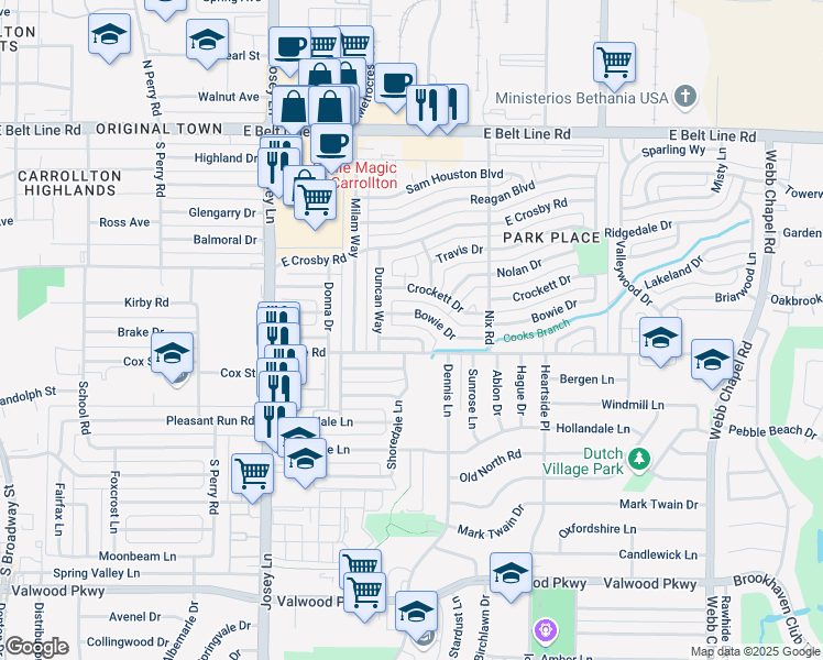 map of restaurants, bars, coffee shops, grocery stores, and more near 2106 Bowie Drive in Carrollton