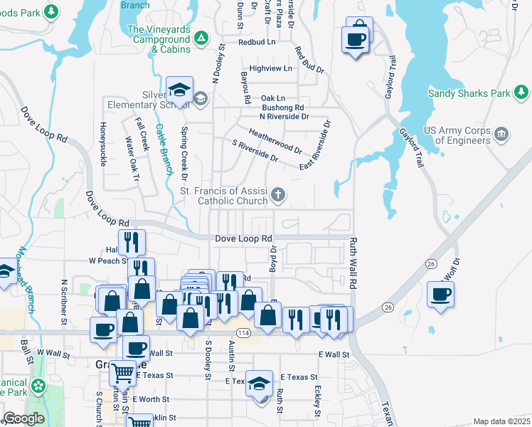 map of restaurants, bars, coffee shops, grocery stores, and more near 861 Wildwood Lane in Grapevine