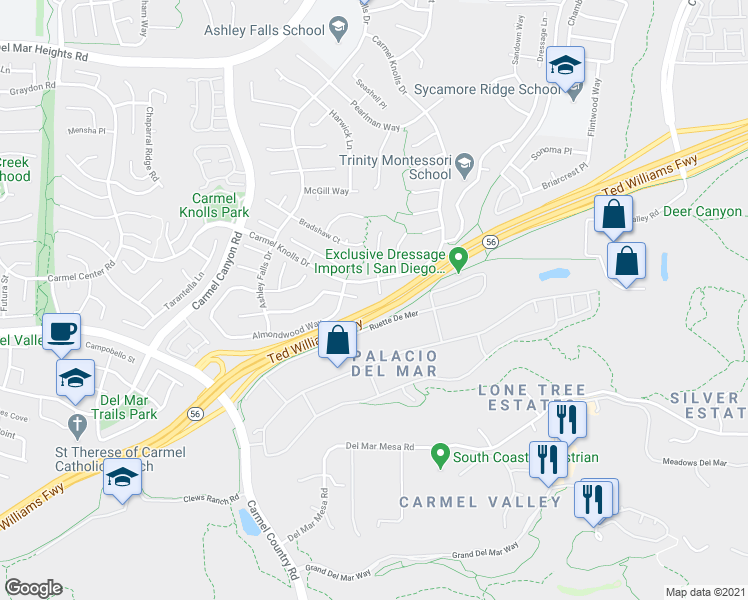 map of restaurants, bars, coffee shops, grocery stores, and more near 12654 Sandy Crest Court in San Diego