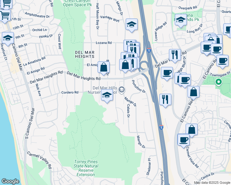 map of restaurants, bars, coffee shops, grocery stores, and more near Mira Montana Drive in San Diego