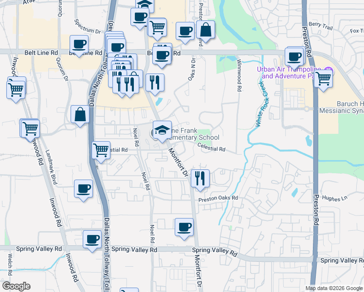 map of restaurants, bars, coffee shops, grocery stores, and more near 14765 Bedivere Court in Dallas