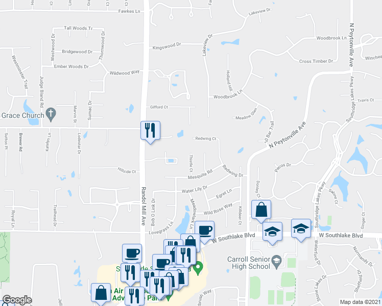 map of restaurants, bars, coffee shops, grocery stores, and more near 413 Thistle Court in Southlake