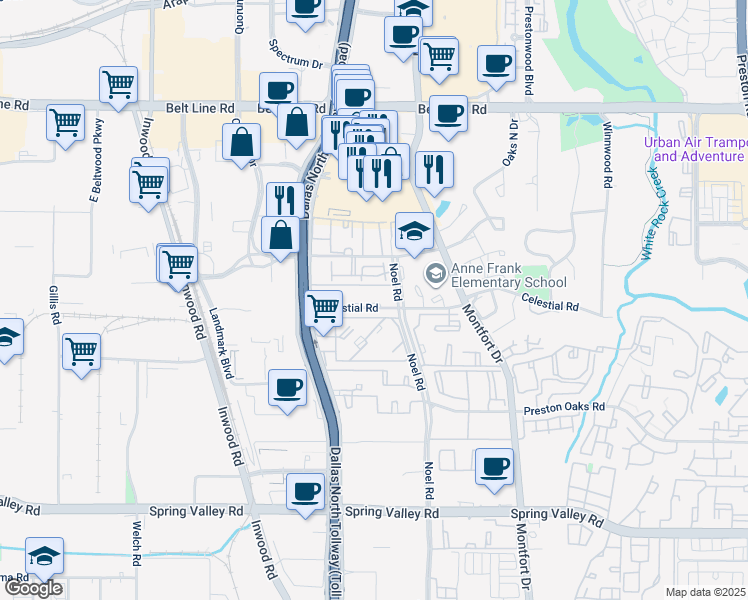 map of restaurants, bars, coffee shops, grocery stores, and more near 22 Celestial Road in Dallas