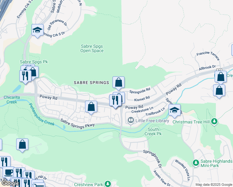 map of restaurants, bars, coffee shops, grocery stores, and more near 12610 Springbrook Drive in San Diego