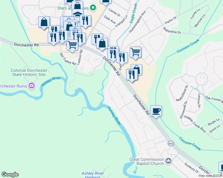 map of restaurants, bars, coffee shops, grocery stores, and more near 201 Shaftesbury Lane in Summerville