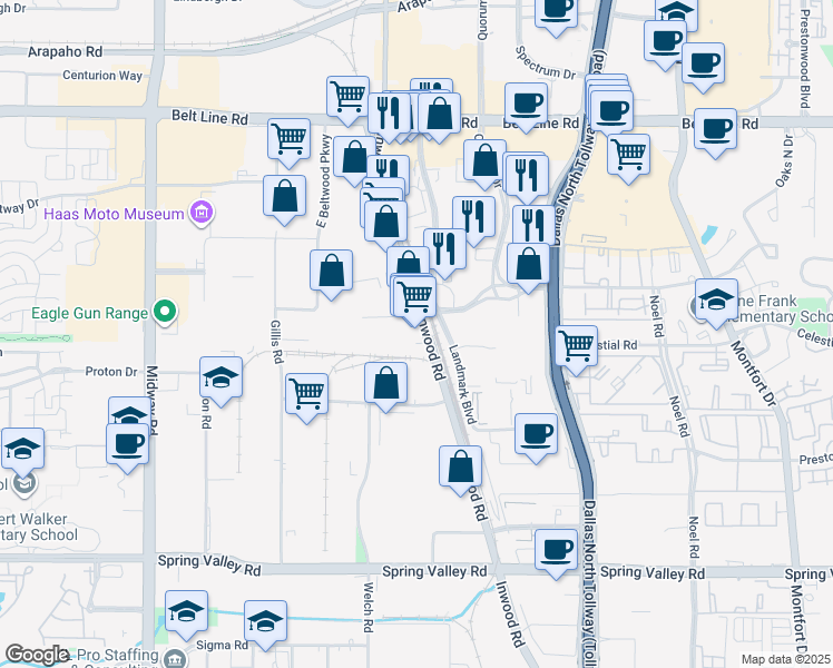 map of restaurants, bars, coffee shops, grocery stores, and more near 14601 Inwood Road in Addison