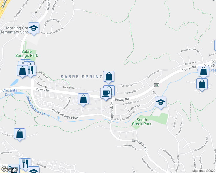 map of restaurants, bars, coffee shops, grocery stores, and more near 12606 Springbrook Drive in San Diego