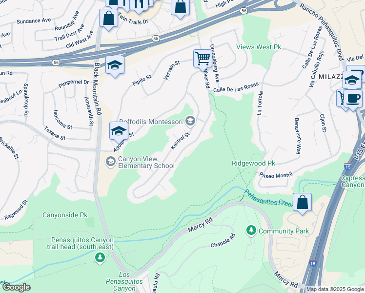 map of restaurants, bars, coffee shops, grocery stores, and more near 12614 Salmon River Road in San Diego