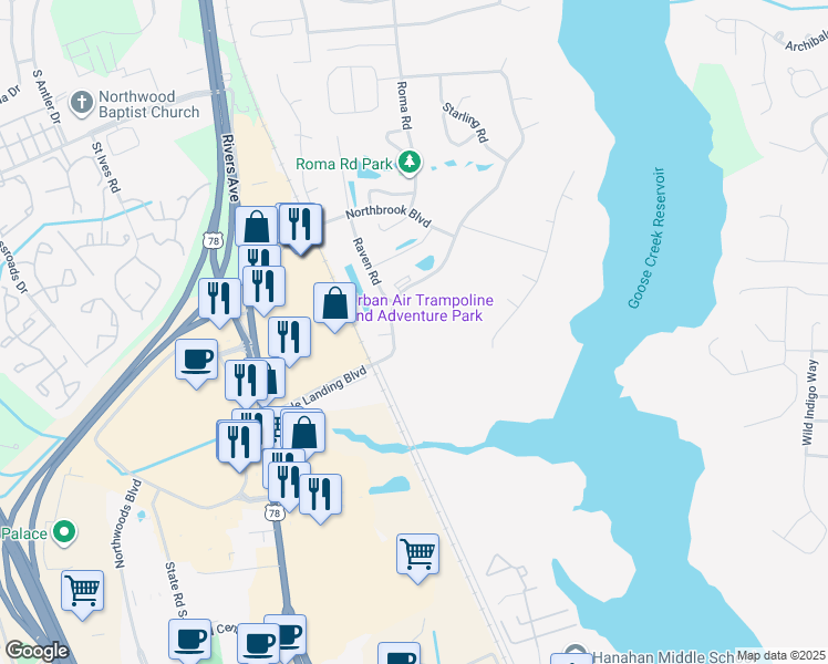 map of restaurants, bars, coffee shops, grocery stores, and more near 1700 Eagle Landing Boulevard in Hanahan