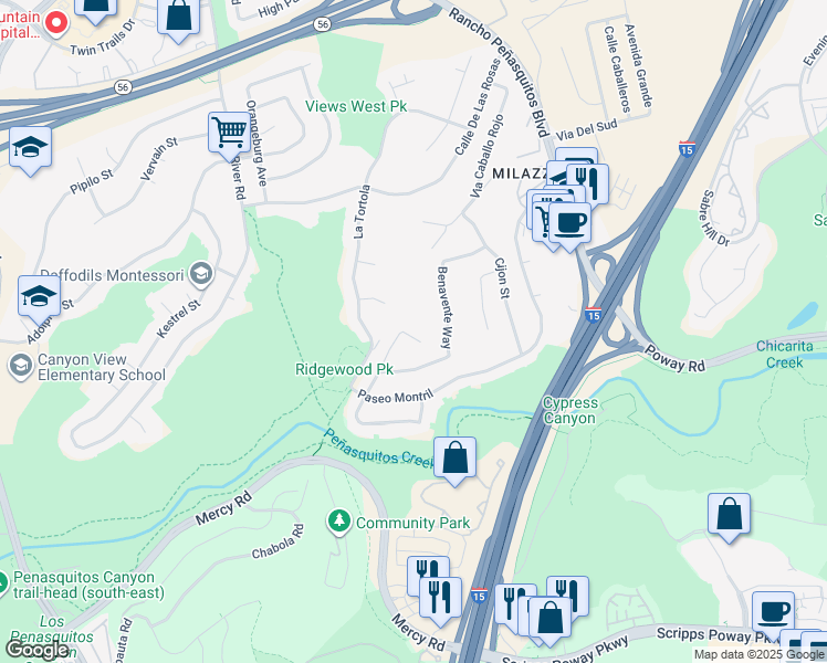 map of restaurants, bars, coffee shops, grocery stores, and more near 12664 Cabezon Place in San Diego