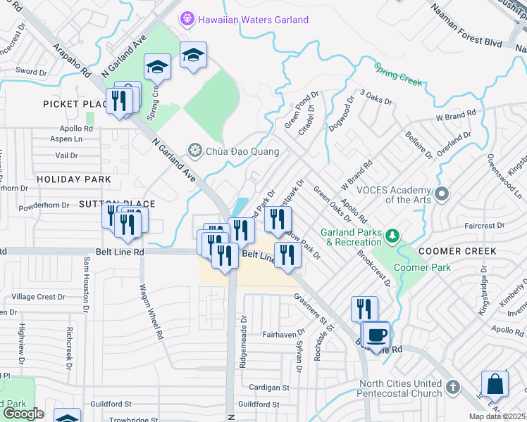 map of restaurants, bars, coffee shops, grocery stores, and more near 1305 Woodland Park Drive in Garland